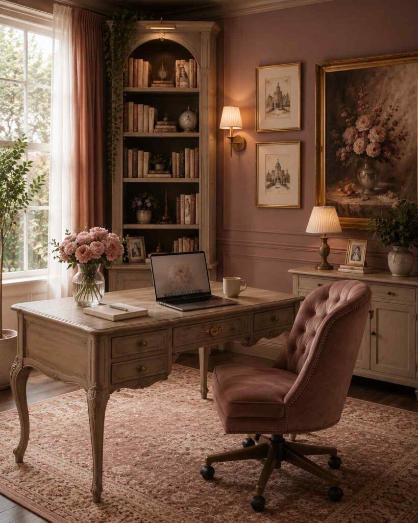 17 Beautiful Feminine Home Workspace Ideas for a Cozy & Productive Setup 14 Dusty rose and warm beige feminine home office with cozy luxury decor, elegant workspace, and soft natural lighting