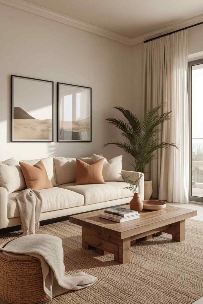 Earthy coastal apartment design with warm beige tones, rustic wood furniture, and cozy neutral styling. 