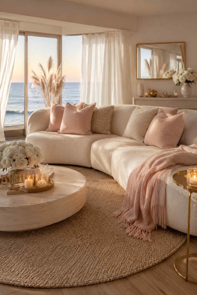 Feminine blush coastal living room with pink accents, ivory sofa, and romantic airy apartment decor