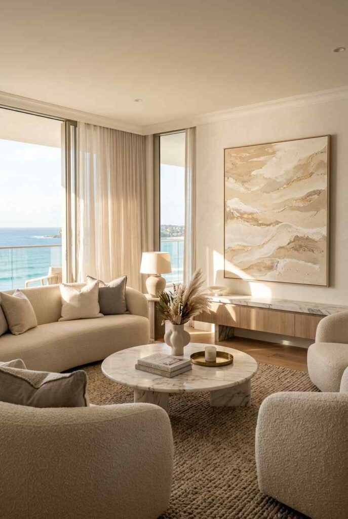 Luxury neutral coastal living room with boucle seating, marble coffee table, and sophisticated apartment decor