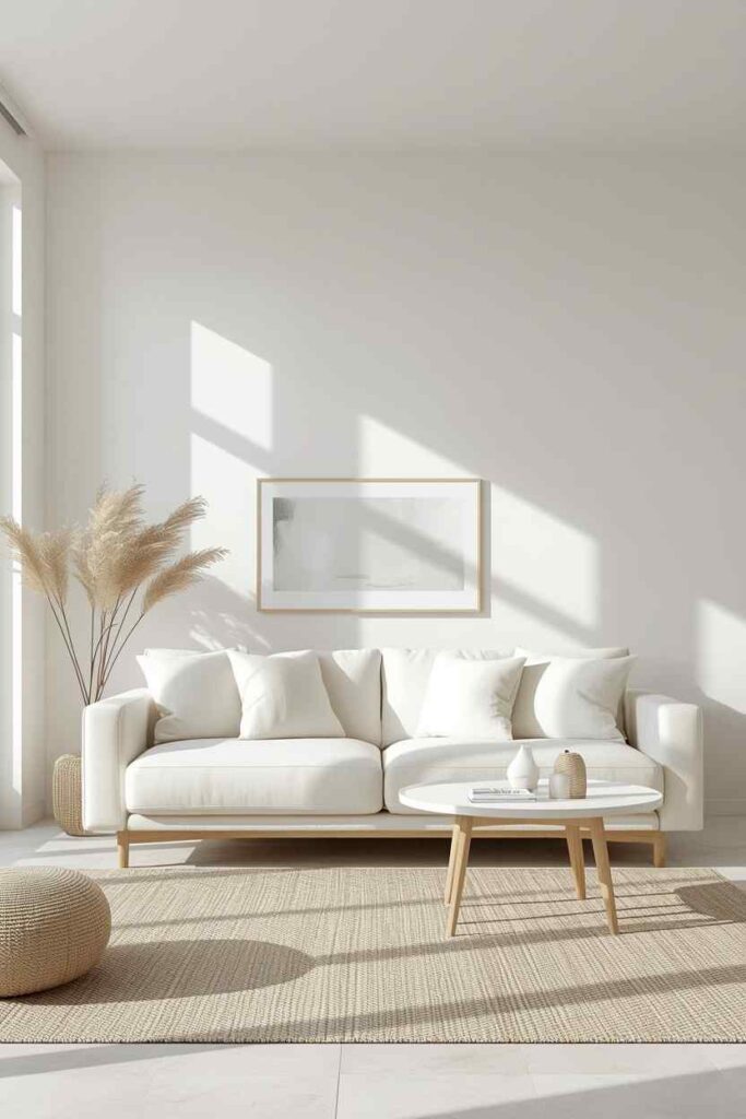 Minimal coastal living room design with clean white walls, light wood decor, and soft neutral furniture. 