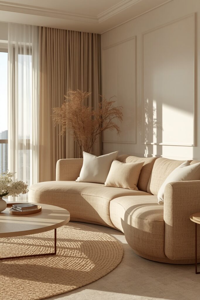 Modern beige coastal apartment living room with curved sofa, warm neutral tones, and elegant beach-inspired styling. 