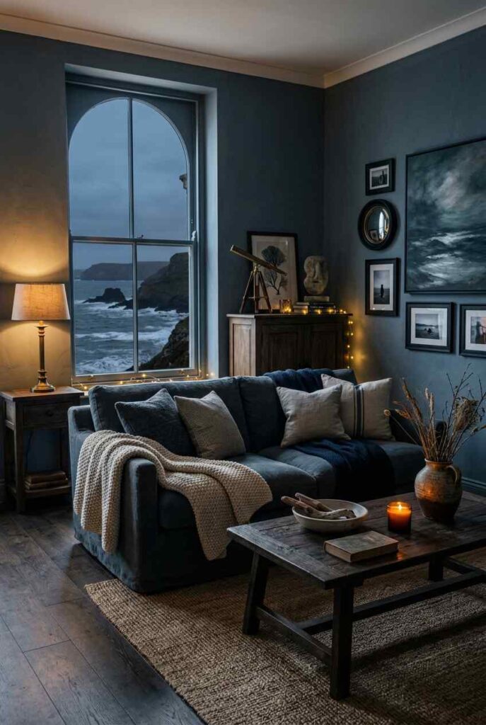 Moody coastal apartment living room with muted blue walls, warm lighting, and sophisticated beach-inspired decor. 