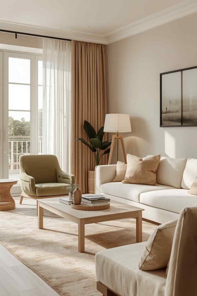 Olive green coastal apartment living room with cream sofa, woven decor, and elegant natural textures. 