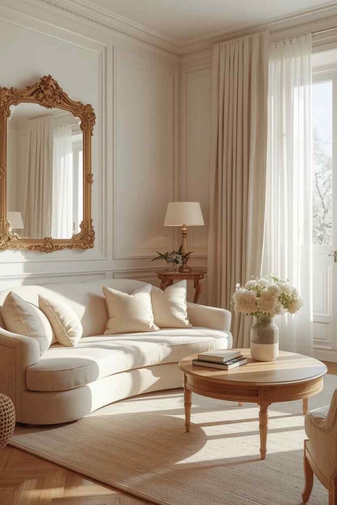 Romantic Parisian coastal living room with gold mirror, vintage decor, and airy neutral apartment styling. 