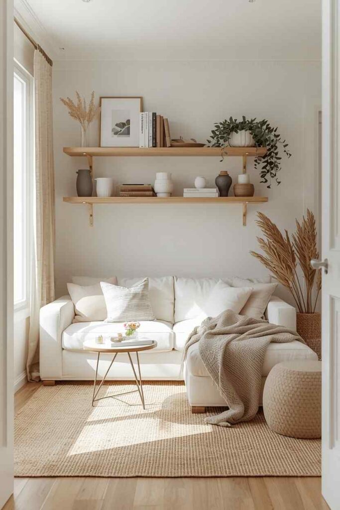 Tiny coastal apartment living room with multifunctional furniture, neutral palette, and bright open layout