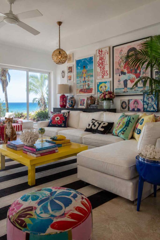 Ultra-realistic vibrant coastal living room with colorful beach house decor, artistic wall art, modern white sofa, multicolor accents, tropical ocean view, and eclectic creative interior design.