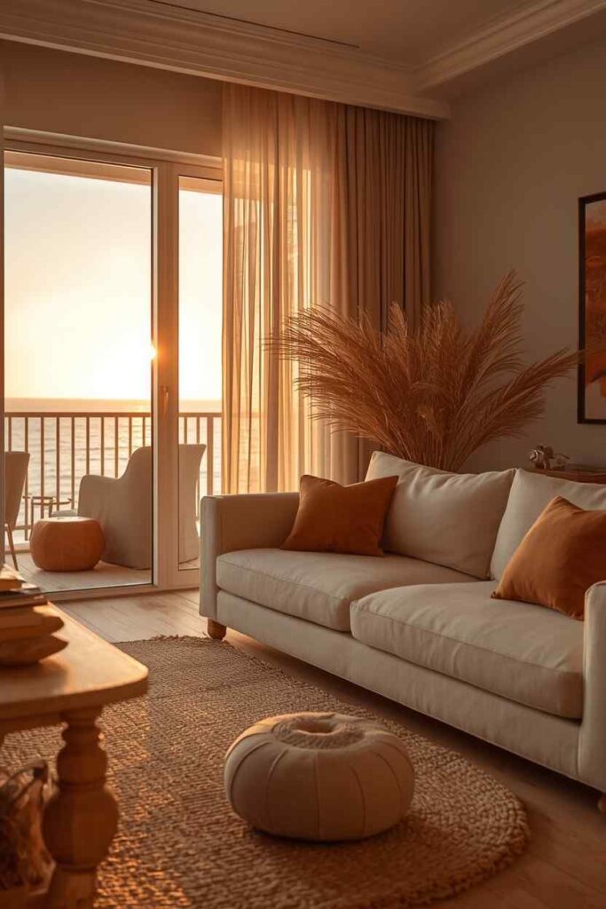 Warm coastal sunset living room with caramel accents, cozy lighting, and elegant beach-inspired decor. 