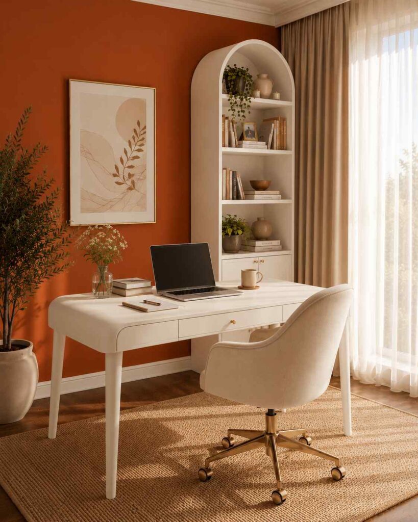 17 Beautiful Feminine Home Workspace Ideas for a Cozy & Productive Setup 2 Warm terracotta and cream feminine home office with curved desk, minimalist decor, and cozy luxury workspace
