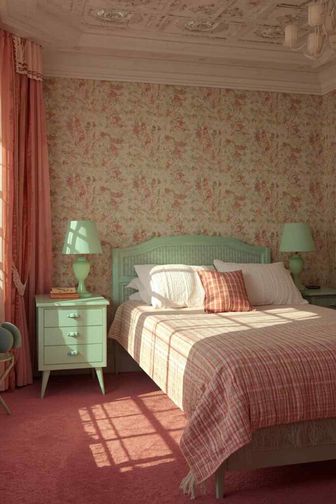 17 Vintage Bedroom Ideas That Feel Cozy, Elegant & Timeless 16 Retro 1950s vintage bedroom featuring soft pastel pink walls, a light mint green nightstand, antique wooden bed frame, and cozy nostalgic mid-century decor.