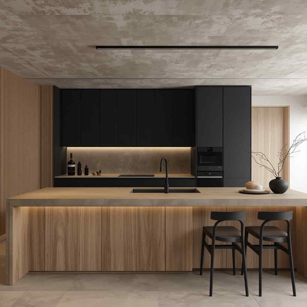 Luxury black Japandi kitchen featuring matte black cabinetry, warm oak island, hidden LED lighting, minimalist design, and a modern American custom home aesthetic.