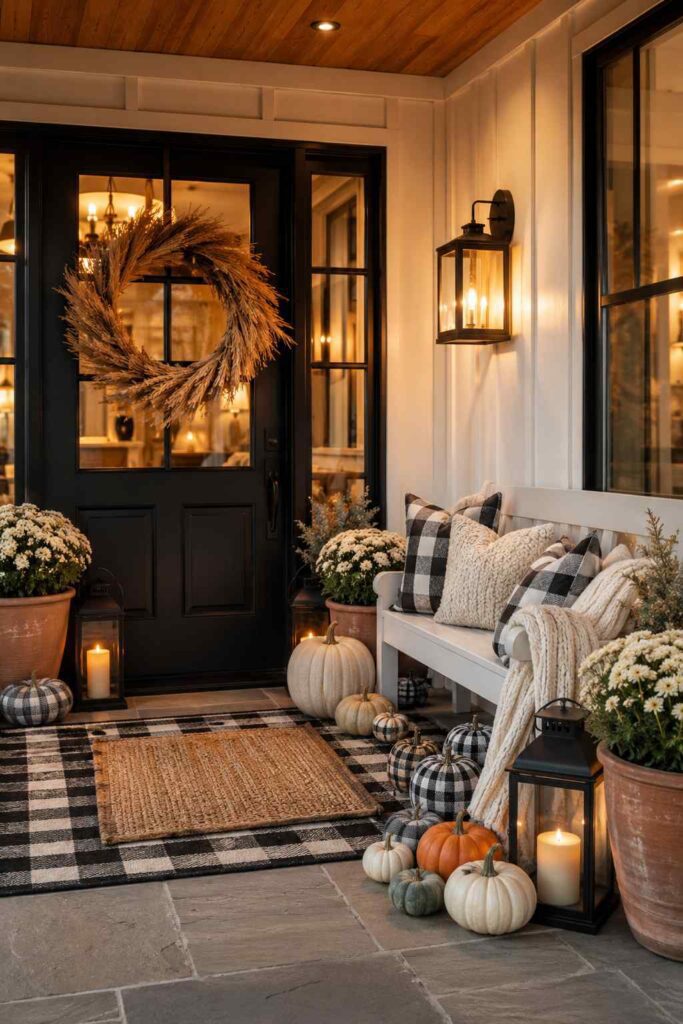 Elegant modern farmhouse front porch with lanterns, pumpkins and a seasonal fall wreath.
