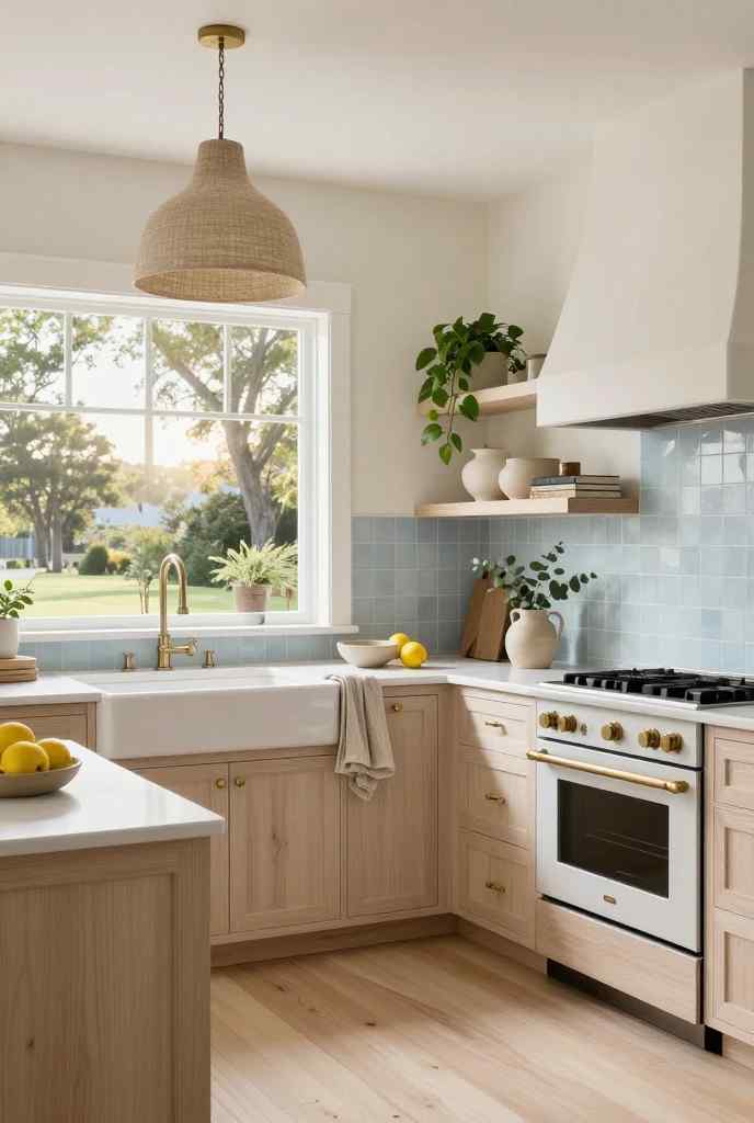 Coastal Japandi kitchen featuring soft blue accents, oak cabinetry, and bright natural light