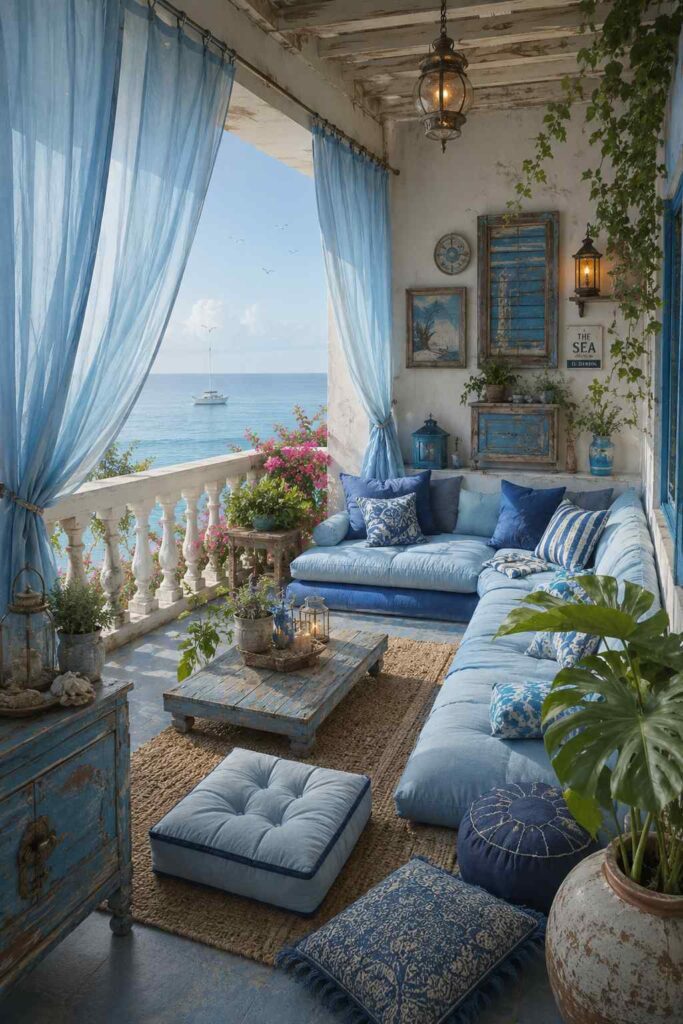 Luxury coastal balcony with a blue sectional sofa, sheer blue curtains, and a beautiful ocean view.