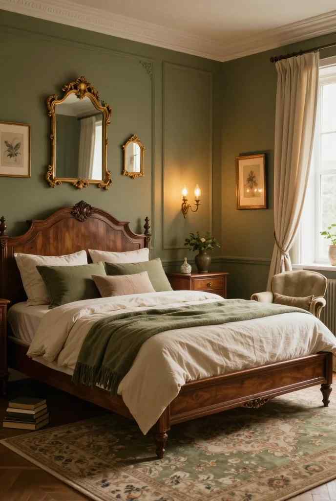 17 Vintage Bedroom Ideas That Feel Cozy, Elegant & Timeless 1 Warm and cozy olive green vintage bedroom with dark wooden furniture, brass accent lighting, layered neutral linens, and a traditional countryside feel.
