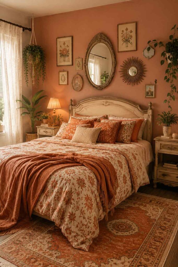 17 Vintage Bedroom Ideas That Feel Cozy, Elegant & Timeless 4 Cozy bohemian vintage bedroom with warm terracotta walls, layered textured bedding, macrame accents, indoor plants, and a rustic wooden headboard.
