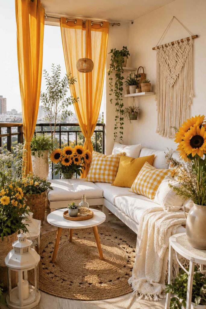 Sunny boho balcony with a white sofa, yellow buffalo check pillows, and bright yellow sheer curtains.
