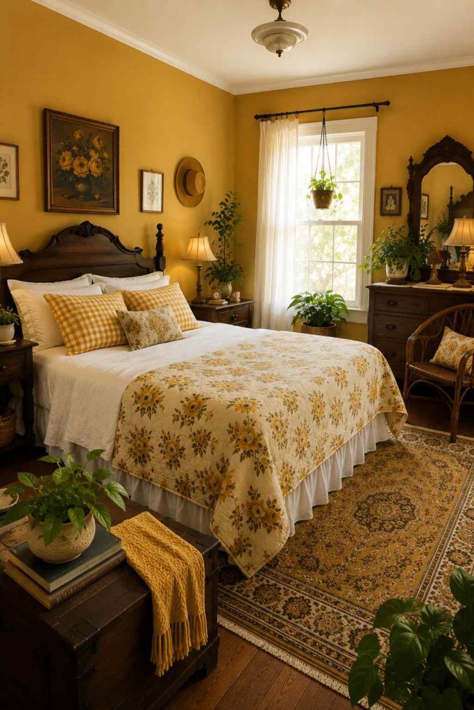 17 Vintage Bedroom Ideas That Feel Cozy, Elegant & Timeless 6 Bright vintage cottage bedroom with warm yellow floral wallpaper, a classic iron bed frame, matching botanical art prints, and sunny morning lighting.