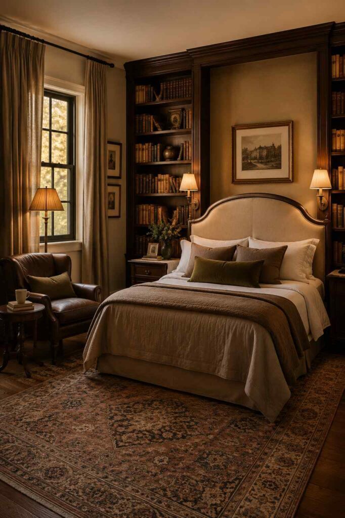 17 Vintage Bedroom Ideas That Feel Cozy, Elegant & Timeless 3 Cozy dark academia inspired bedroom with floor-to-ceiling wooden bookshelves, a small reading corner, warm ambient lamp lighting, and antique rugs.