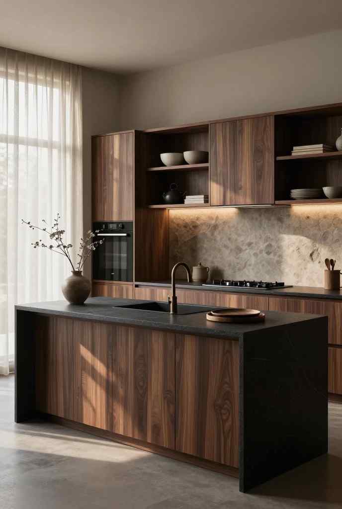 Dark walnut Japandi kitchen with rich wood cabinetry, warm ambient lighting, and elegant minimalist decor.
