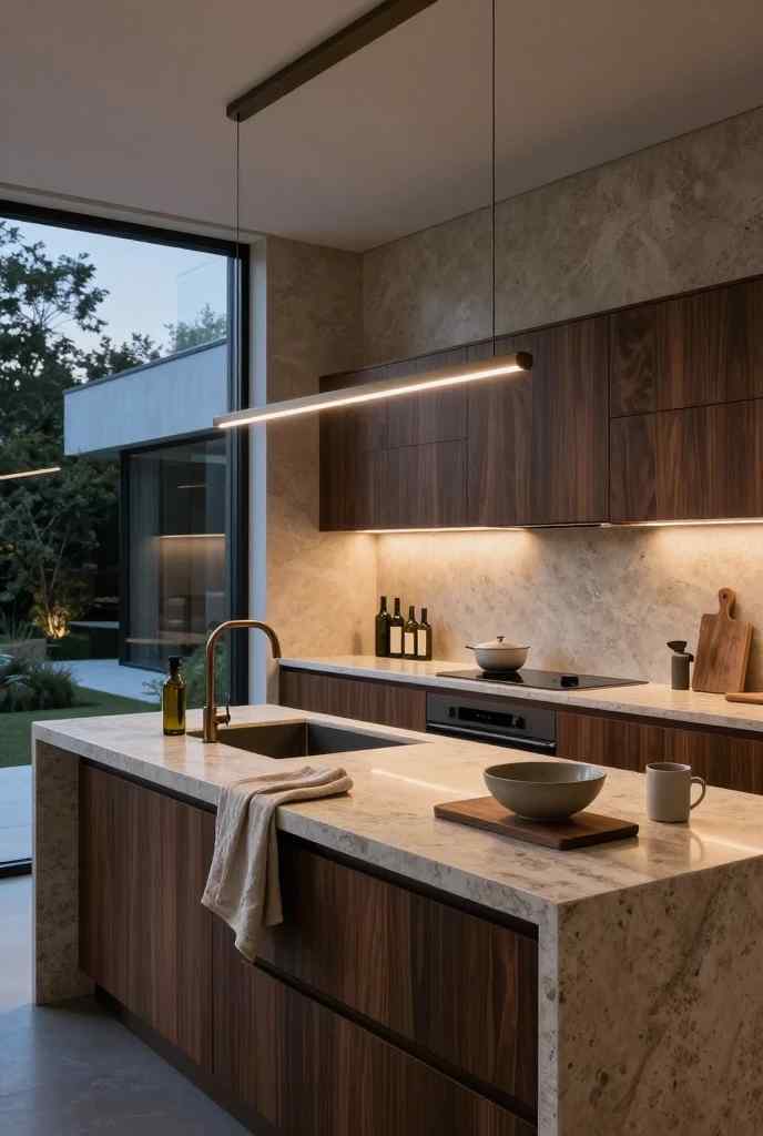 Moody desert-inspired Japandi kitchen with warm ambient lighting and luxurious natural materials.