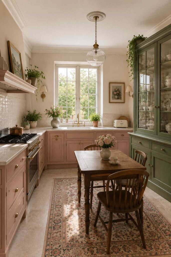 Dusty rose cottagecore kitchen with vintage accents, warm lighting, elegant decor and cozy atmosphere.