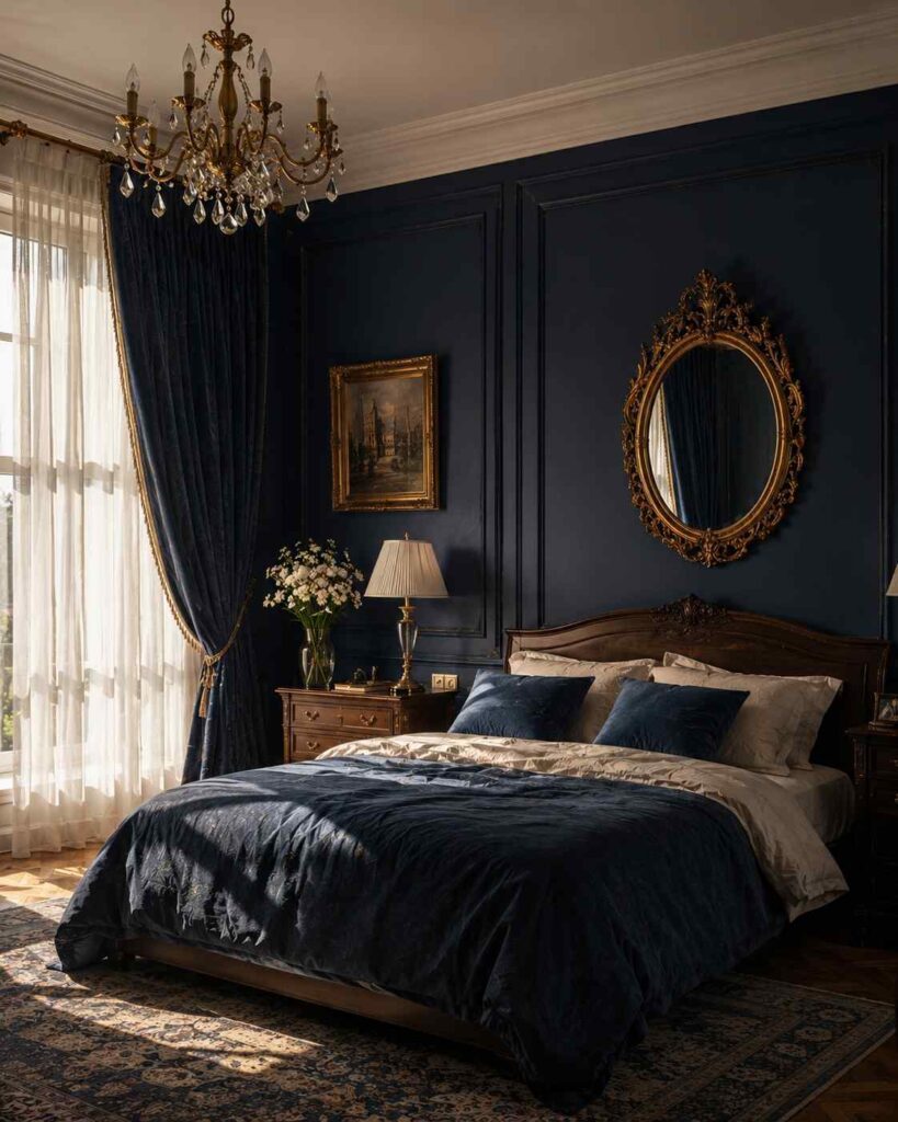 17 Vintage Bedroom Ideas That Feel Cozy, Elegant & Timeless 15 Elegant royal blue vintage bedroom featuring deep navy walls with ornate gold frames, a classic white door frame, and premium dark blue velvet bedding.