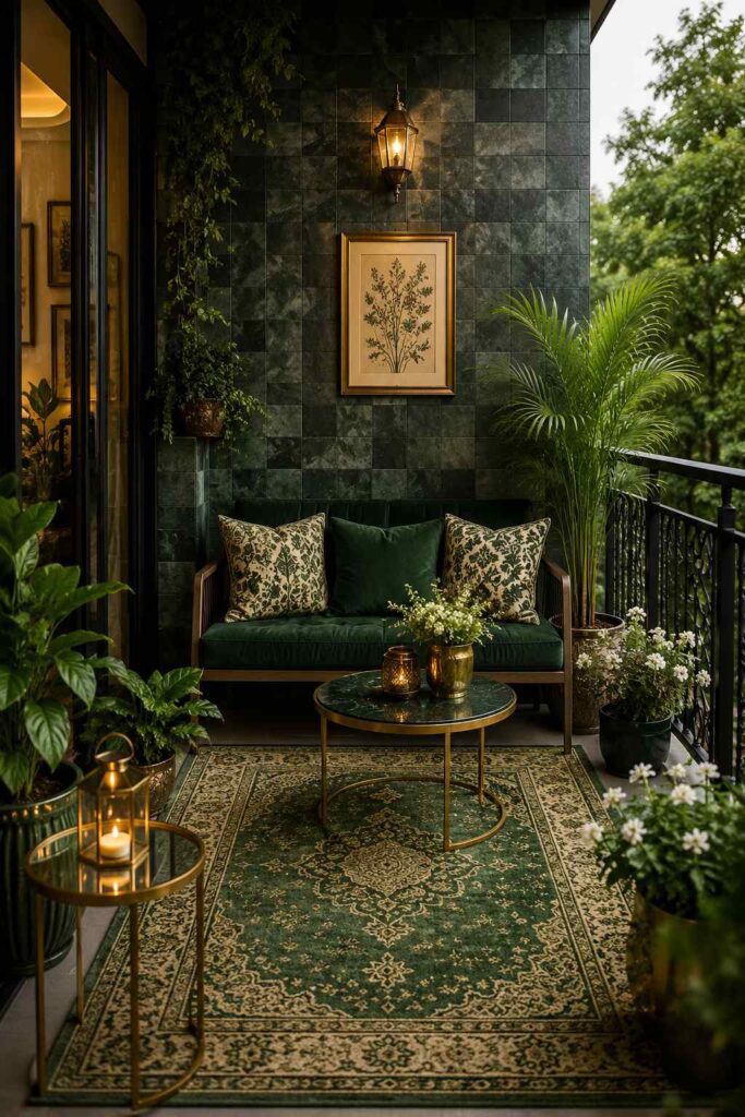 Moody gothic balcony with a forest green velvet sofa, dark green tiled wall, and polished gold accents.