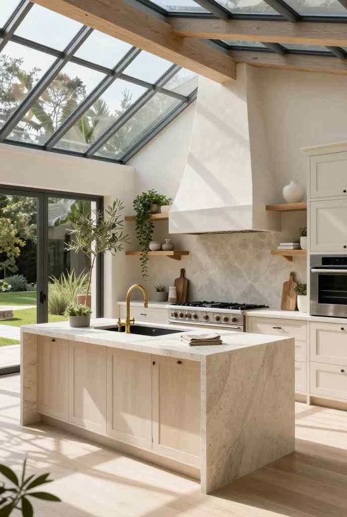 Bright greenhouse-inspired Japandi kitchen with a vaulted glass roof, oak beams, and natural light.