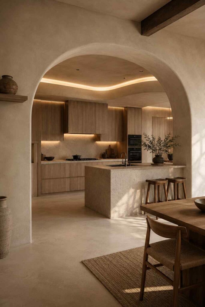 Elegant Japandi kitchen framed by a curved plaster arch with warm wood finishes and minimalist decor.