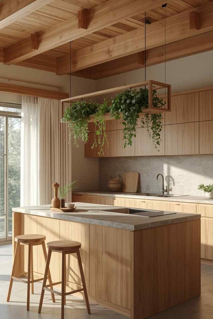 Japandi kitchen with a suspended herb planter, oak cabinetry, and warm natural styling.