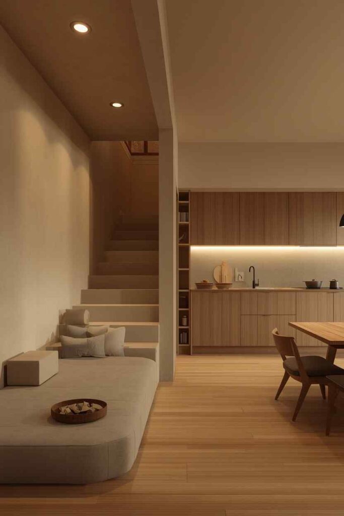 Modern Japandi kitchen with a sunken dining area, warm wood finishes, and soft architectural lighting.