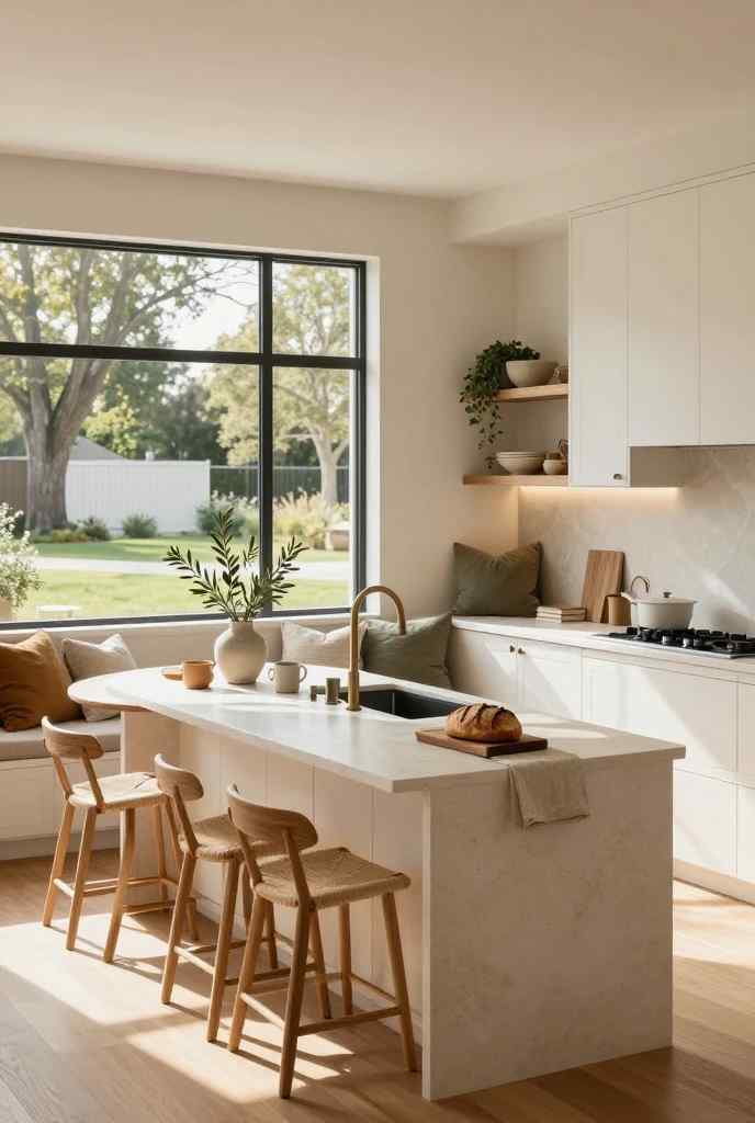 Cozy Japandi kitchen with a built-in breakfast nook, round oak dining table, linen bench cushions, warm morning sunlight, and minimalist American home design.