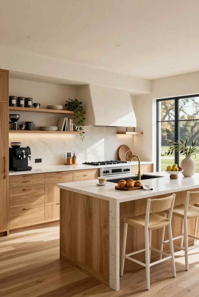 Modern American Japandi kitchen featuring a built-in coffee bar, oak cabinetry, and warm neutral decor.
