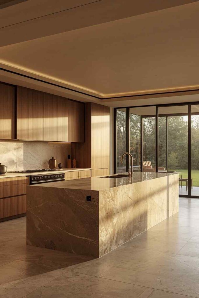 uxury Japandi kitchen with natural stone finishes, warm wood cabinetry, and minimalist styling.