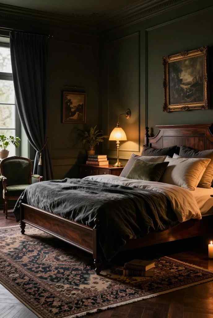 17 Vintage Bedroom Ideas That Feel Cozy, Elegant & Timeless 13 Moody dark vintage bedroom with charcoal walls, an antique dark wood bed canopy, moody floral wallpaper accents, and romantic ambient candlelight.