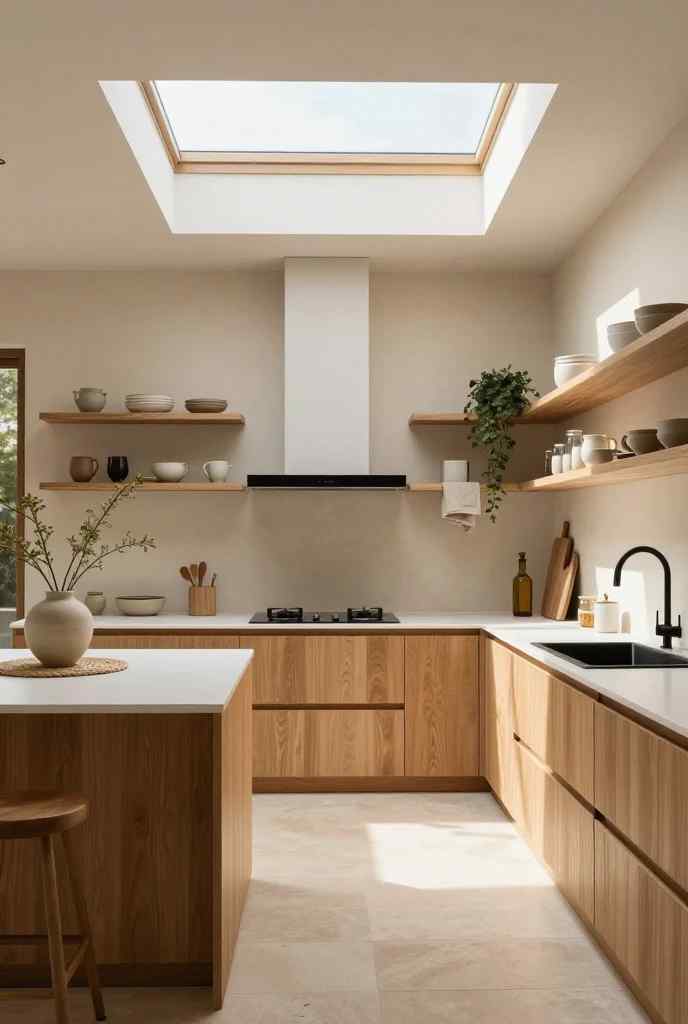 Nature-inspired Japandi kitchen with warm wood finishes, soft natural light, and subtle greenery.