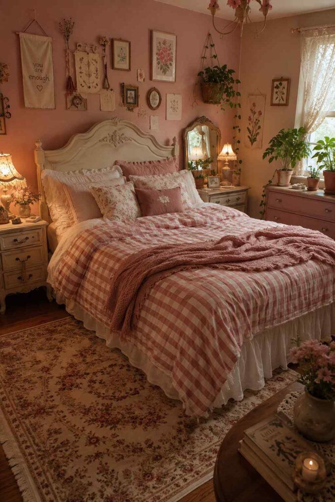 17 Vintage Bedroom Ideas That Feel Cozy, Elegant & Timeless 2 Romantic dusty rose vintage bedroom with soft pink tufted headboard, elegant crystal chandelier, layered lace sheets, and a warm feminine cottage aesthetic.