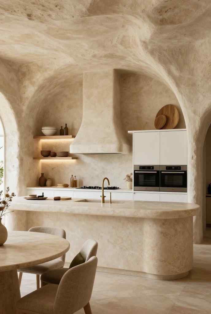 Stone cave-inspired Japandi kitchen with organic plaster walls and warm hidden lighting.