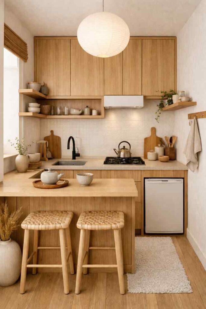 Small apartment Japandi kitchen with compact storage, warm oak cabinetry, and functional minimalist design.