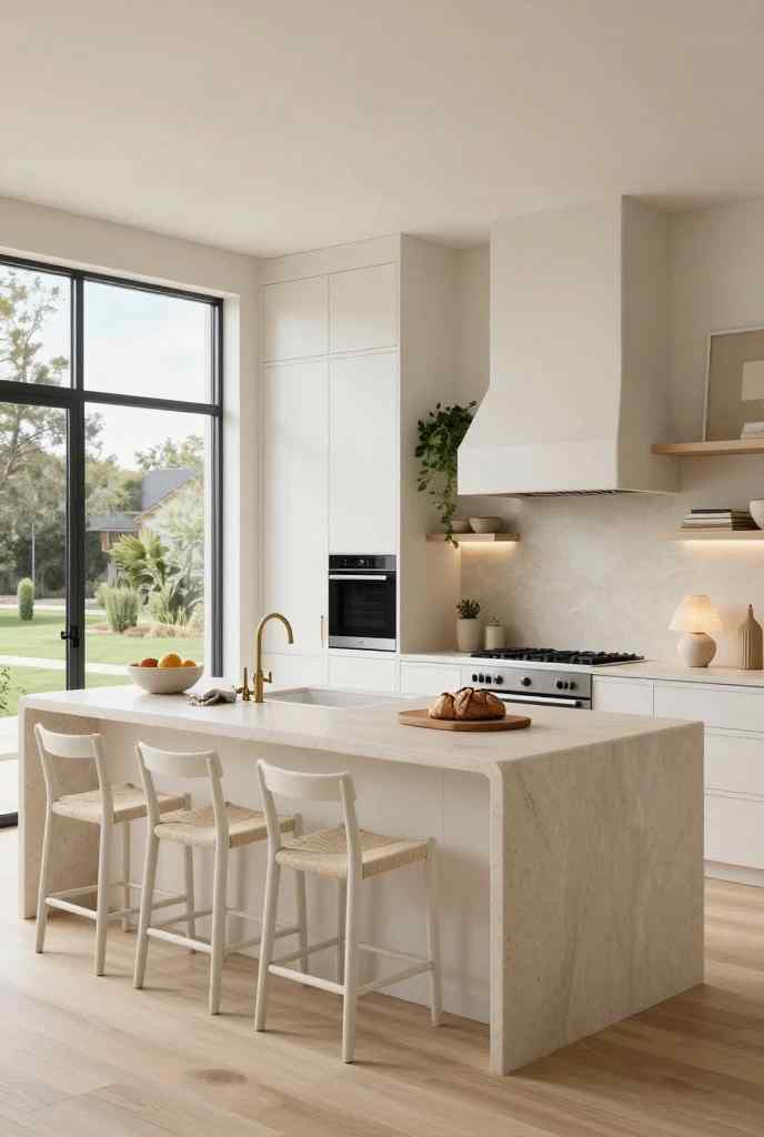 Ultra-minimal white Japandi kitchen with clean cabinetry, natural wood accents, and a calm neutral palette.