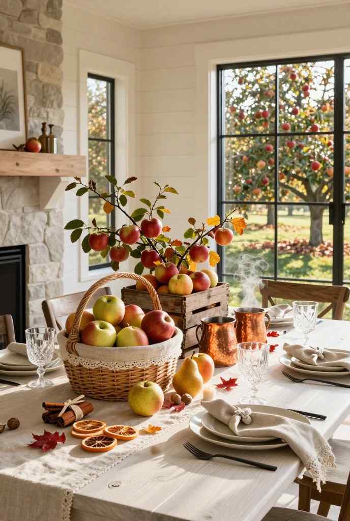 Apple orchard inspired fall tablescape with woven basket, fresh apples and rustic harvest decor