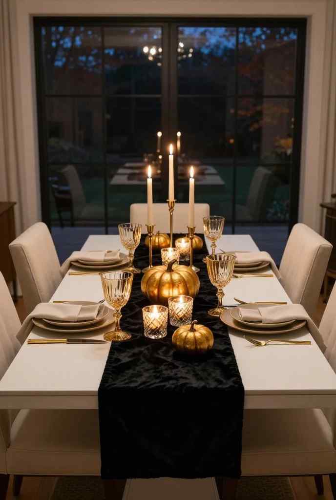 Luxury black and gold fall dining table with elegant candle centerpiece