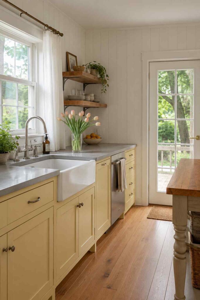 Bright buttercream cottagecore kitchen with farmhouse sink, warm wood accents, soft natural sunlight and cozy vintage styling.