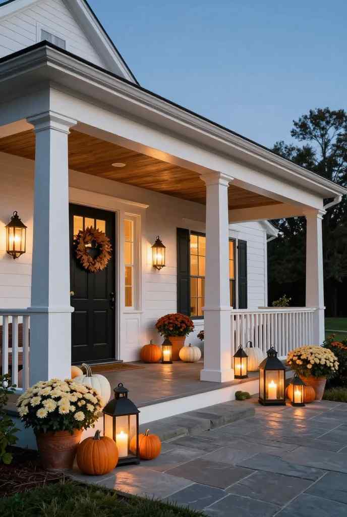 Modern farmhouse porch illuminated with glowing lanterns, pumpkins and warm autumn lighting.