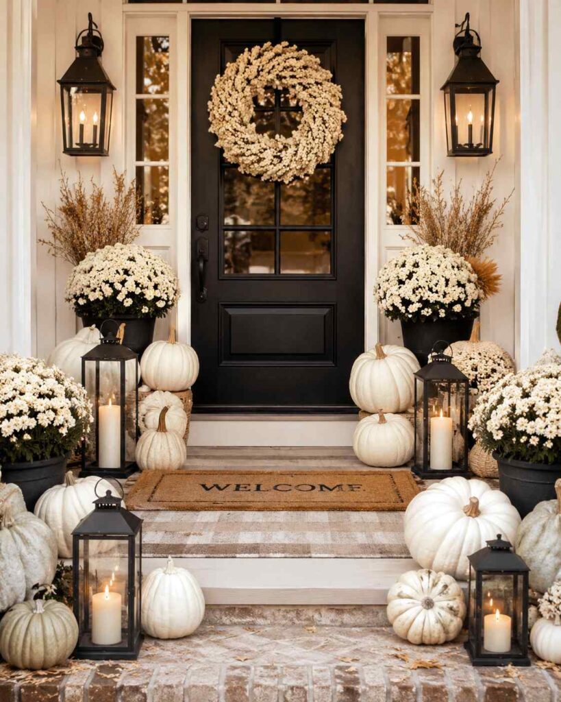 Neutral fall porch decorated with white pumpkins, mums and a natural autumn wreath.