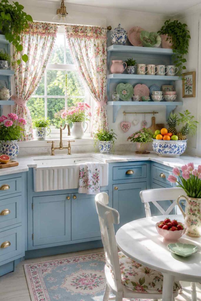 Coastal cottagecore kitchen with sky blue cabinets, floral curtains, white countertops and charming open shelving.