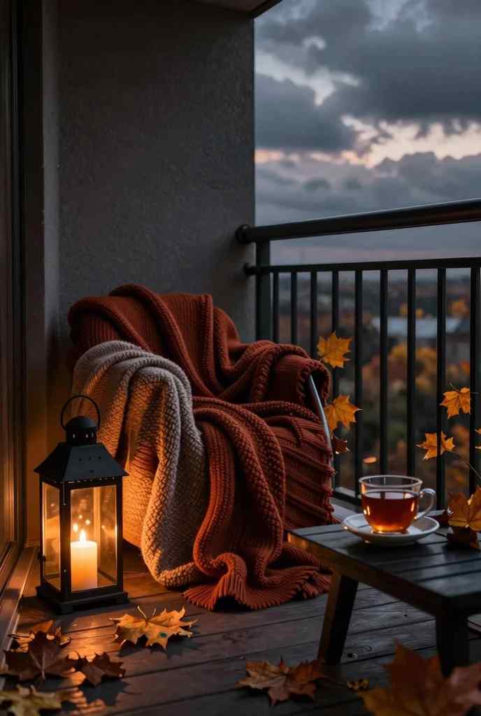Autumn twilight balcony styling with a heavy rust-orange blanket on a chair and a black iron candle lantern.