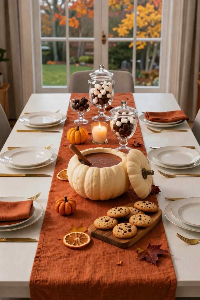 Cozy autumn hot chocolate table with pumpkin cocoa pot, marshmallow jars and cookies