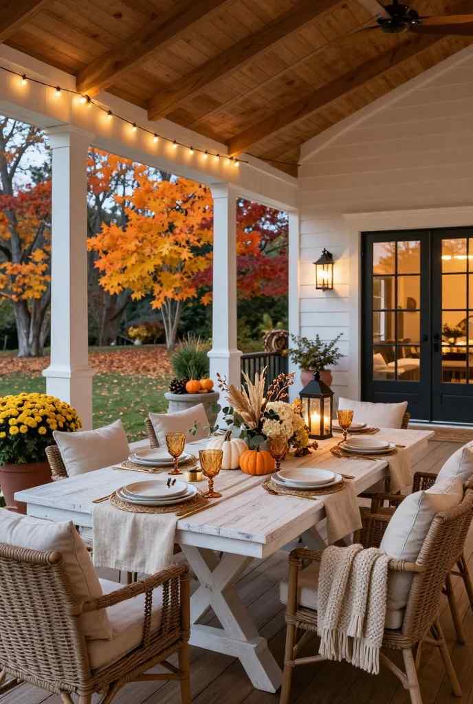 Cozy fall porch dining table with pumpkins, lanterns and outdoor farmhouse decor